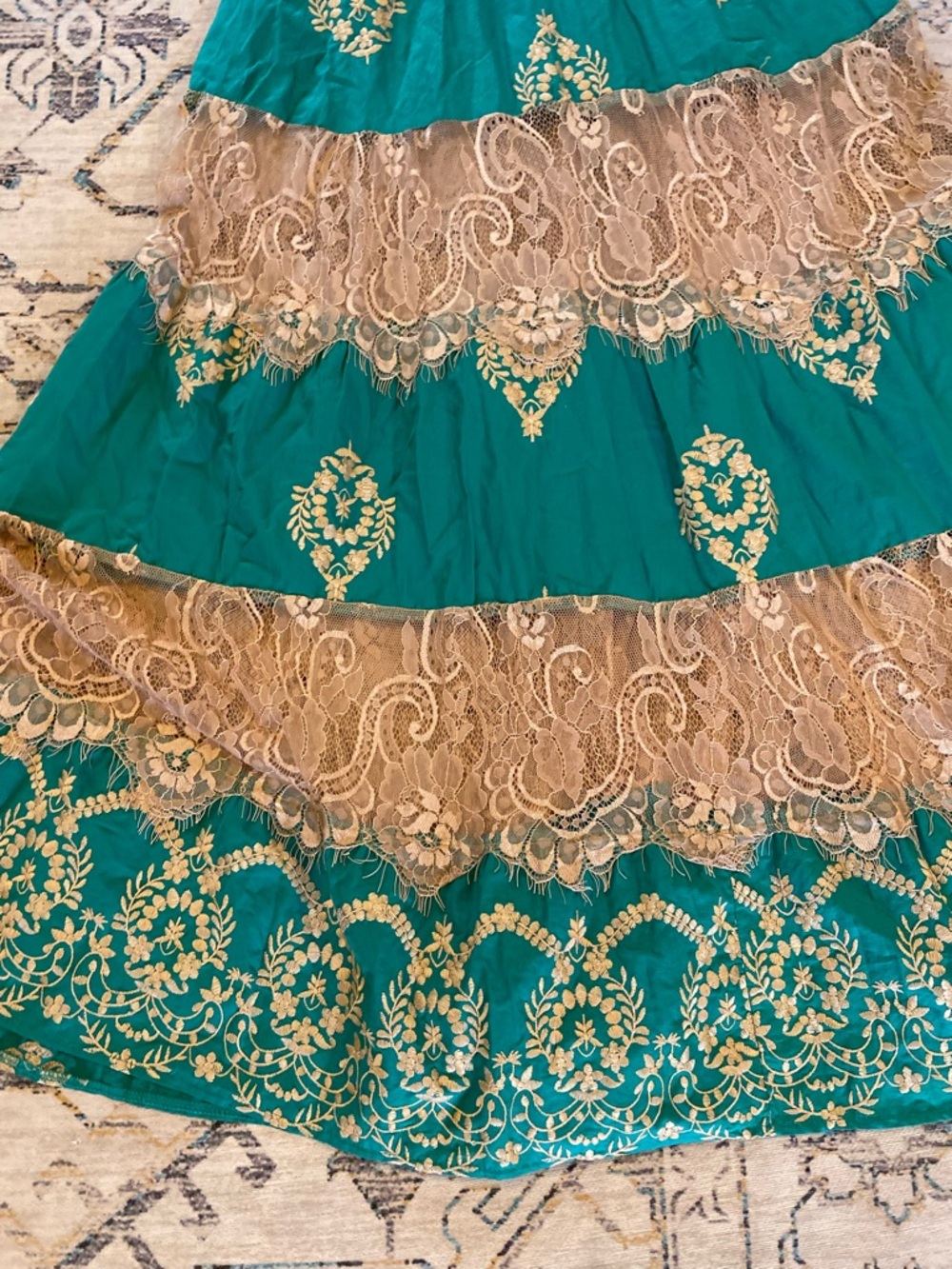 TUART OFFICIAL Turquoise Tiered Embroidered Lace Maxi Dress Bollywood - Picture 7 of 10